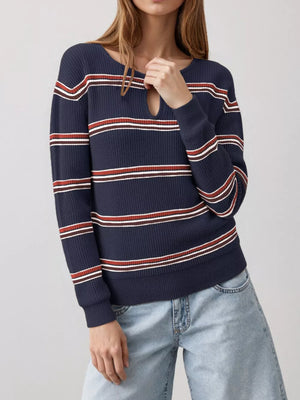 navy blue pullover sweater with striped and keyhole