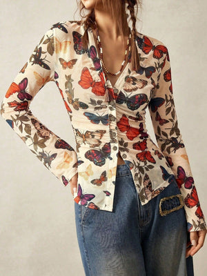 red button-down shirt featuring buttoned and butterfly print