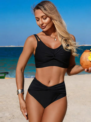 Black twist front bikini set with high-waisted bottoms and adjustable straps.