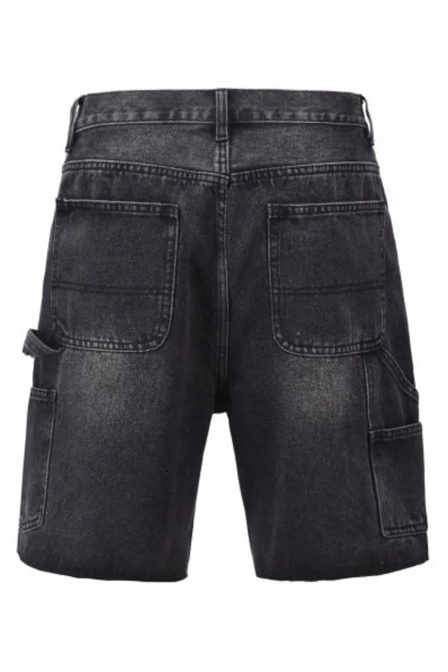 Panelled carpenter denim shorts in dark wash with utility pockets and a relaxed fit.
