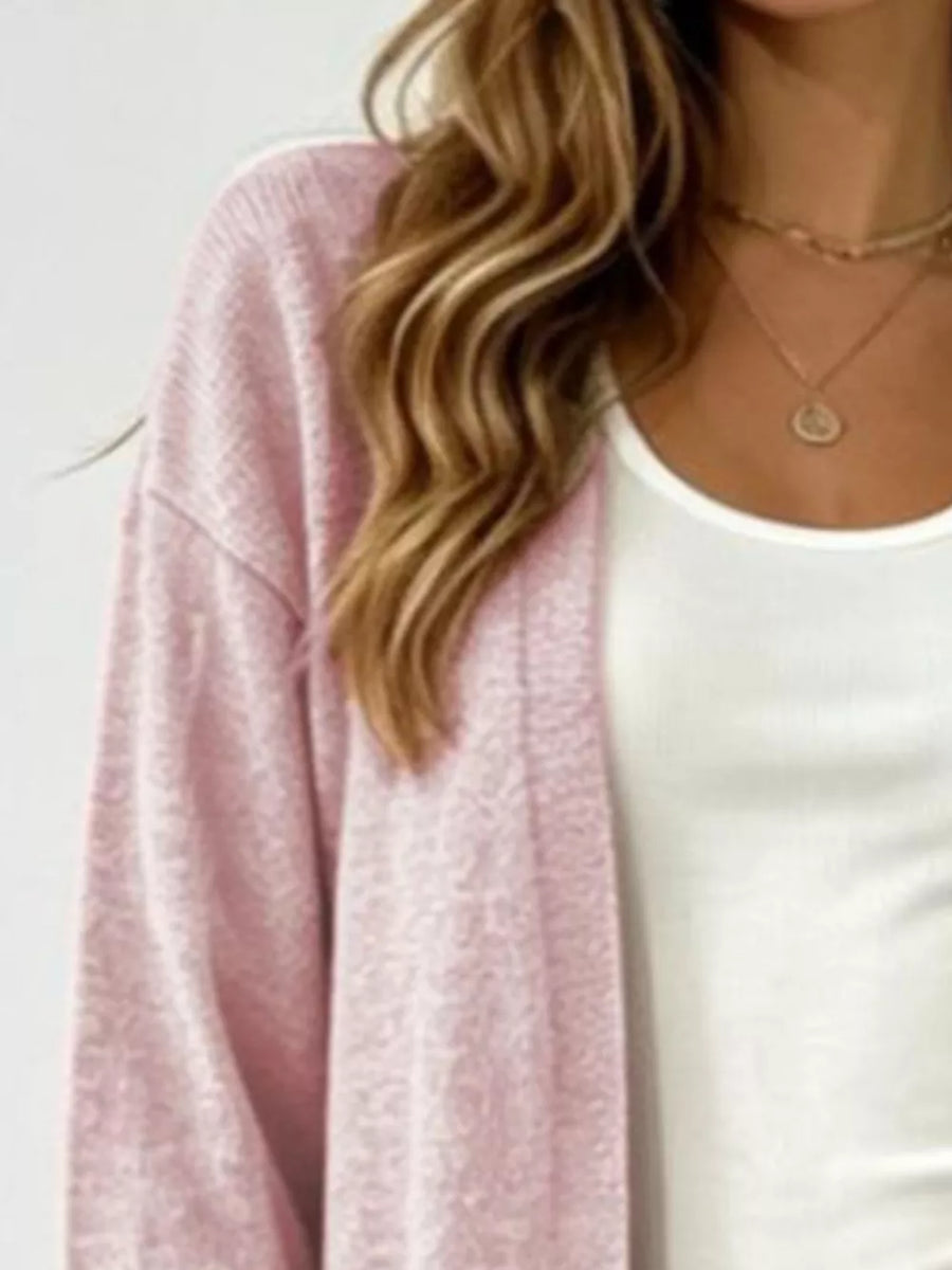 Open-front Longline Knit Cardigan Plus Size in Khaki with pocketed
