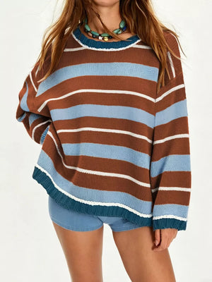 brown pullover sweater with striped and crew neck