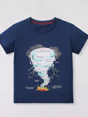 Navy blue t-shirt with a tornado graphic and educational text.