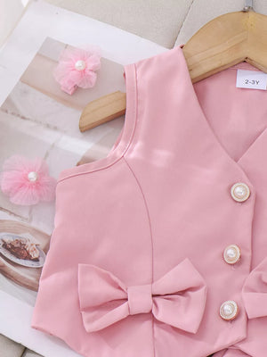 Pink with Children's Bow Button Up Vest And Skirt Set
