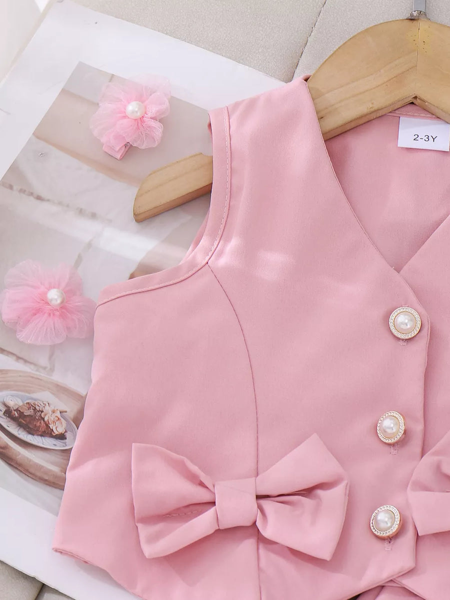 Pink with Children's Bow Button Up Vest And Skirt Set
