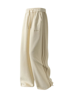 Men's khaki sweatpants with side stripes and drawstring waist