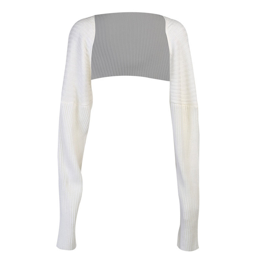 White ribbed knit sleeve shrug with a gray back panel.