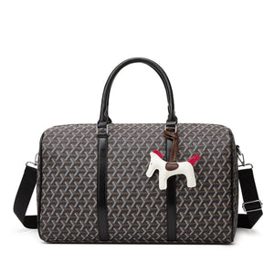 light gray duffle bag featuring top handles and geometric