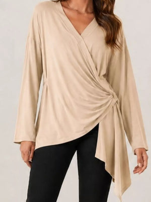 Khaki wrap top with hip-length and wrap