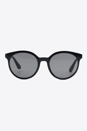 Black round frame sunglasses with grey lenses