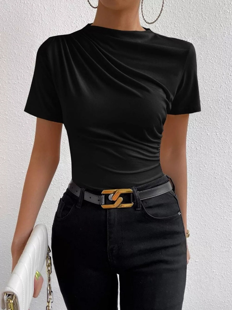 Black ruched mock neck t-shirt with draped detail and short sleeves.