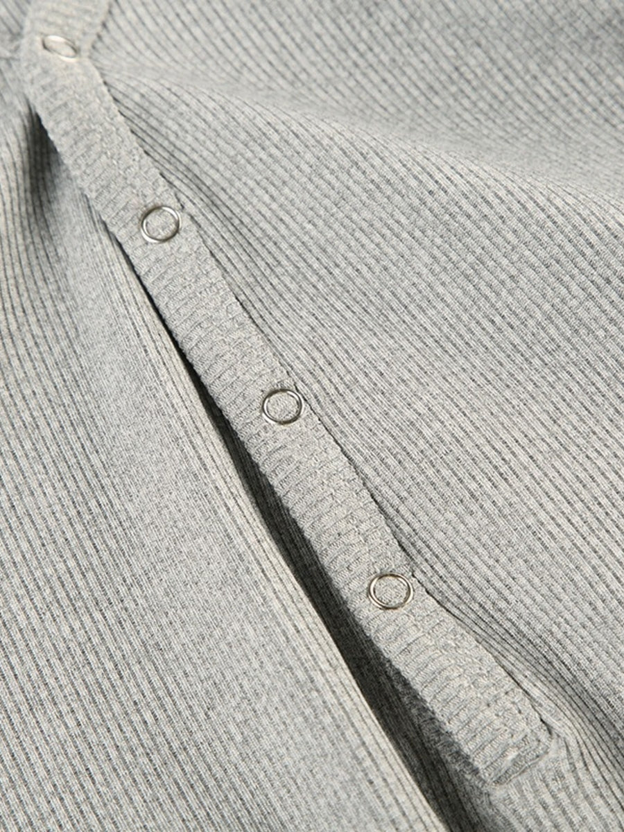 Gray ribbed long sleeve buttoned romper detail
