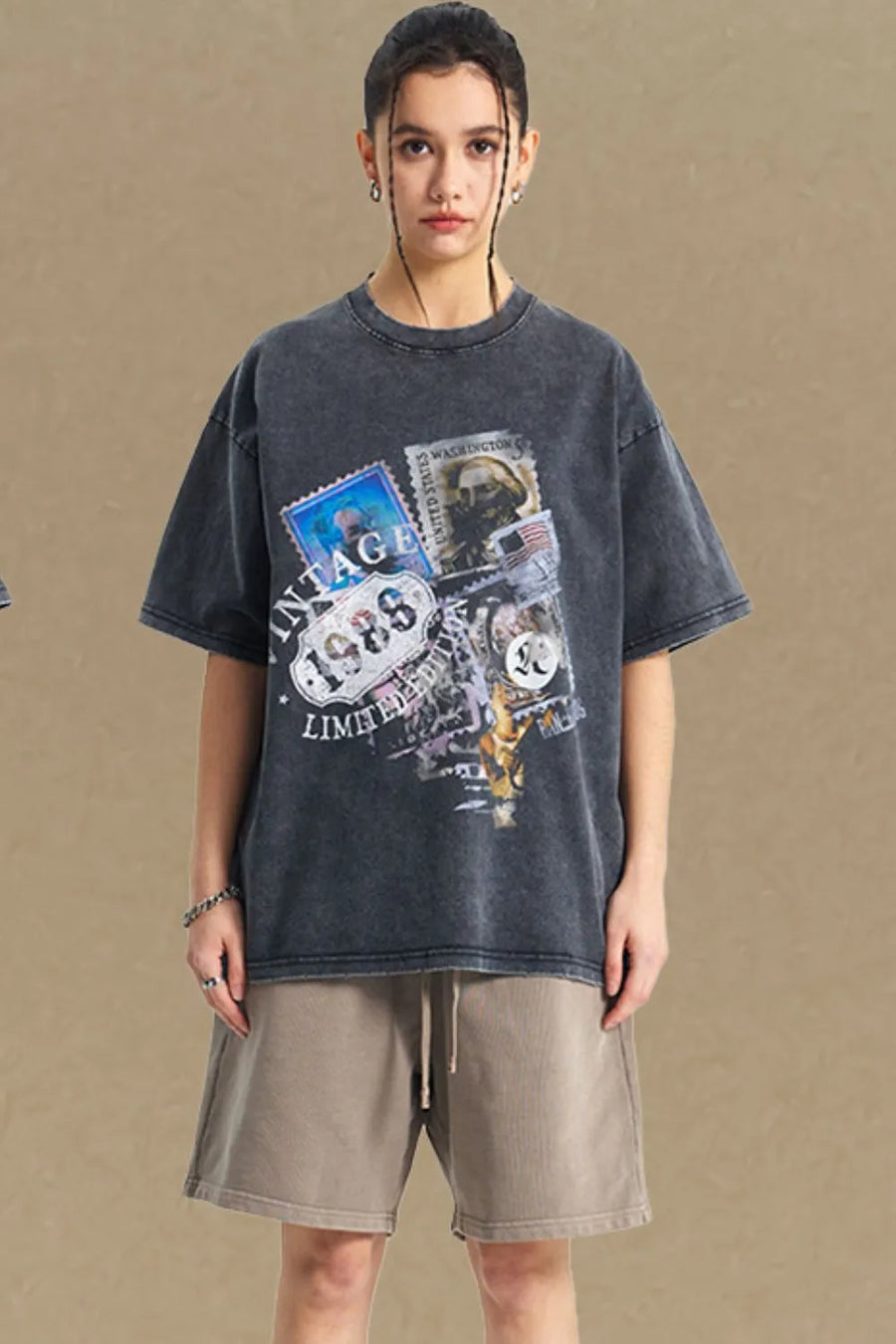 Black oversized t-shirt with vintage stamp graphic and "1988 Limited" text.