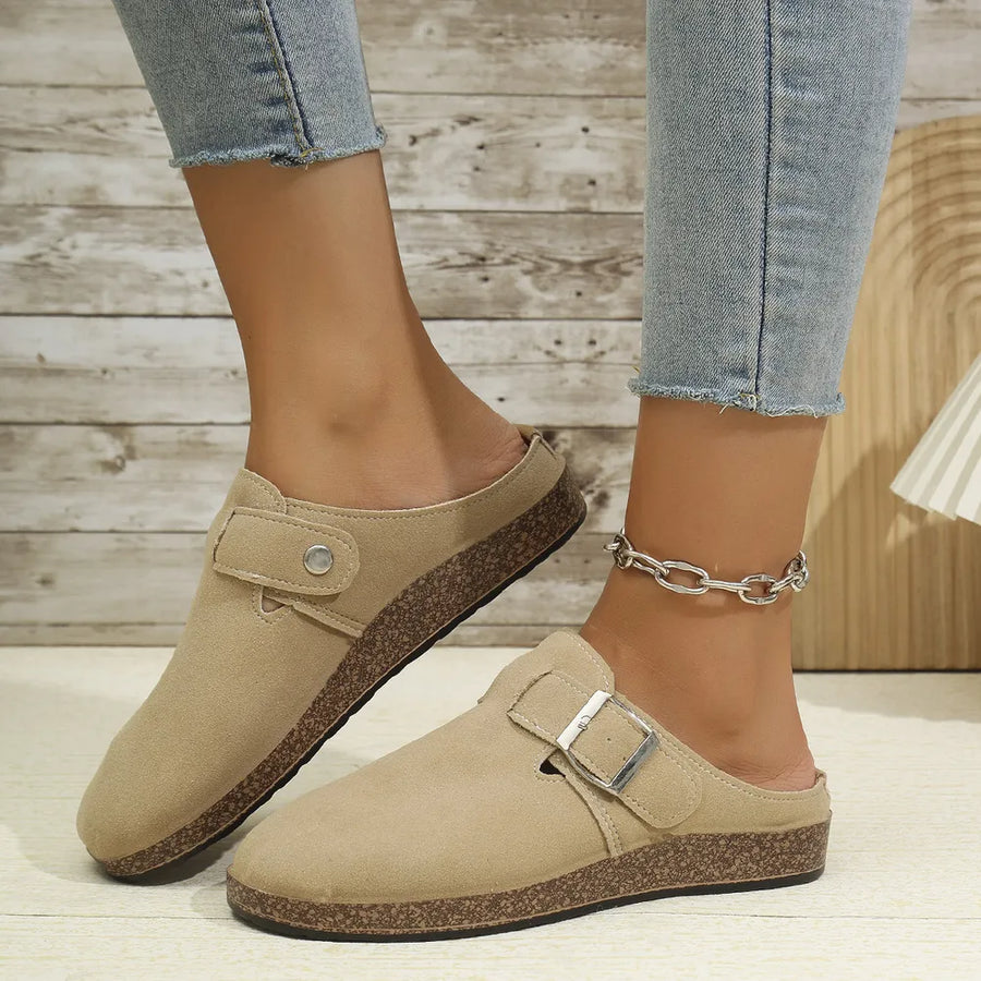 Khaki suede mule flats with buckle detail and cork sole