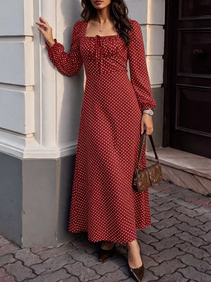 100% polyester Care instructions: Machine wash cold maxi dress in burgundy with A-line silhouette