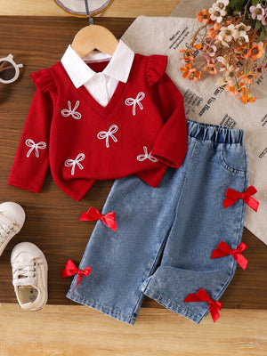 light blue pullover sweater featuring ruffled and bows
