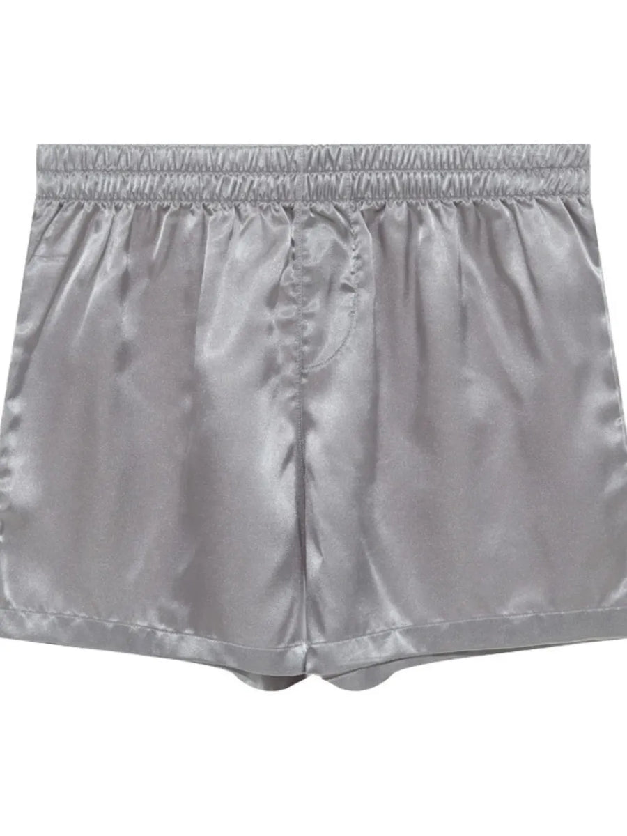 Gray satin boxer shorts with elastic waistband and fly detail