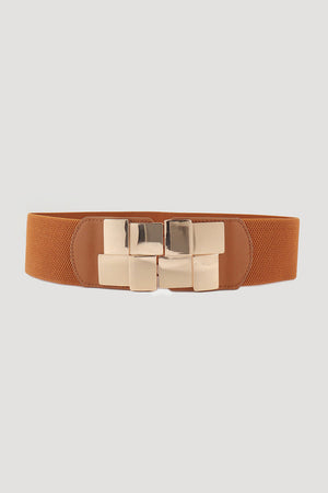 Caramel stretch belt with gold geometric buckle