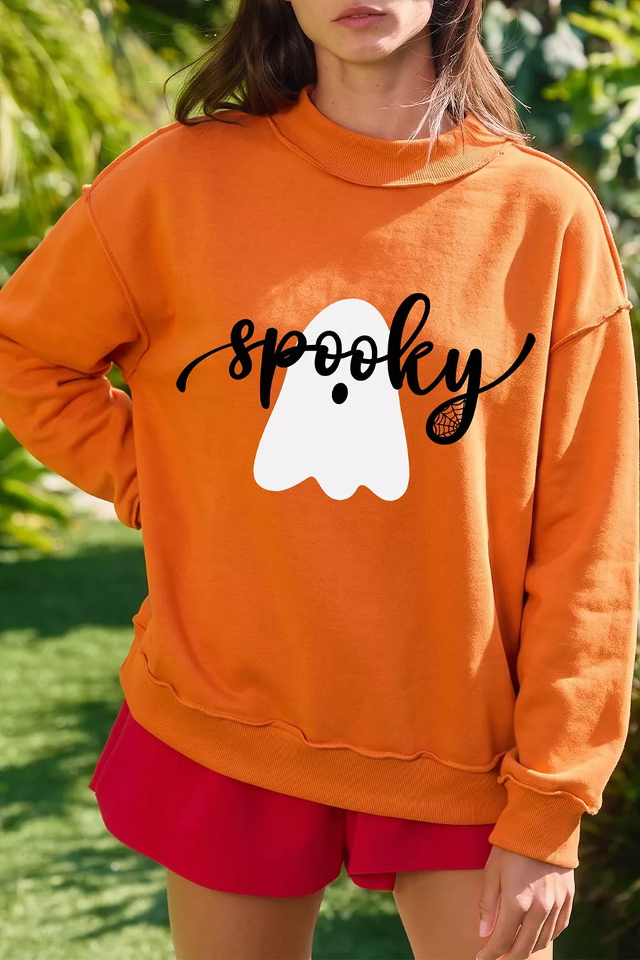 orange sweatshirt with graphic-print and mock neck