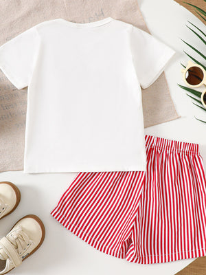 White baby tee with red striped shorts, cotton, crew neck, short sleeve
