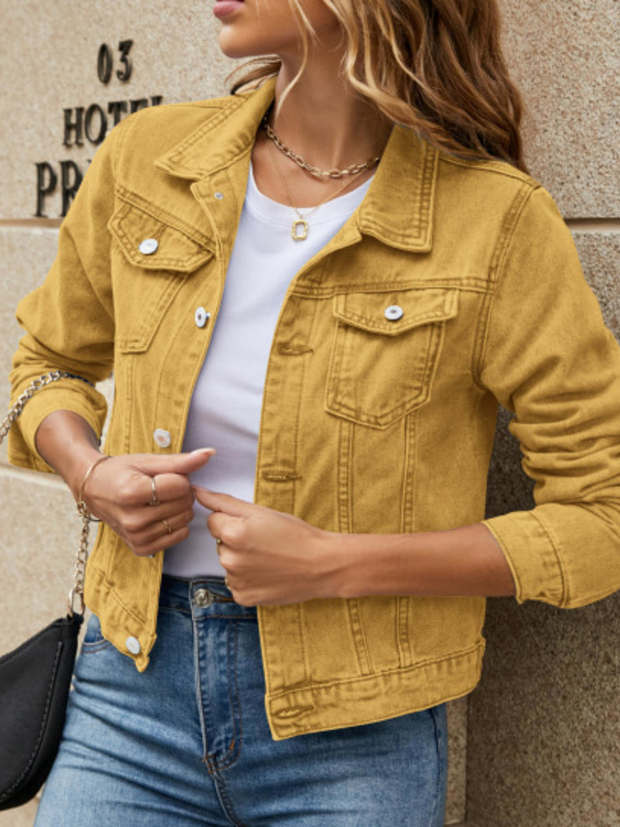 Slim-Fit Button Up Denim Jacket in Dark Blue with buttoned