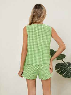 Black Gingham Linen Vest and Short Set