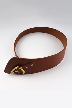 Brown leather waist belt with sculpted design and gold buckle detail