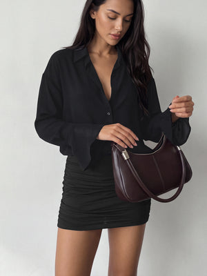 black shirt dress with ruched and flounce sleeve