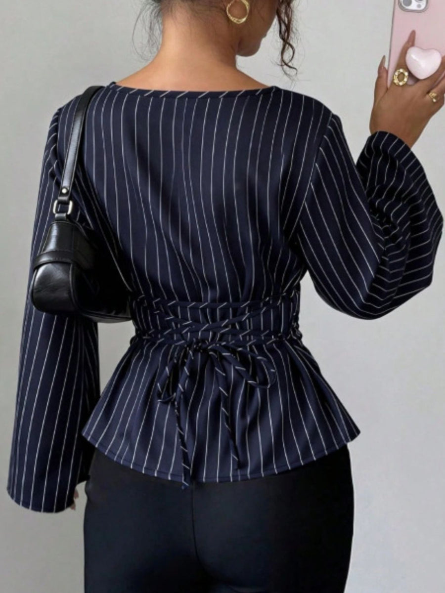Elegant Pinstriped Bell Sleeve Blouse in White with peplum