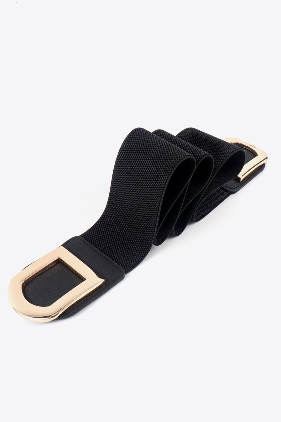Black elastic belt with double gold buckles and faux leather detail.