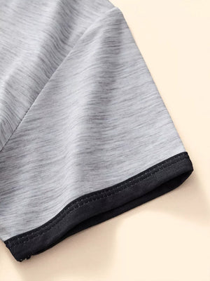Toddler grey marled t-shirt sleeve with black trim detail.