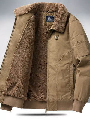 Khaki bomber jacket with sherpa lining and collar detail