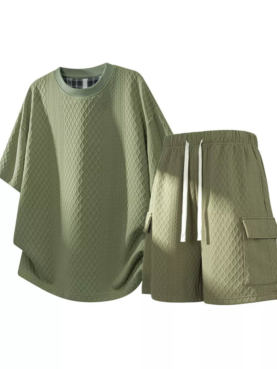 Black Men's Plus Size Textured Casual Top And Shorts Set