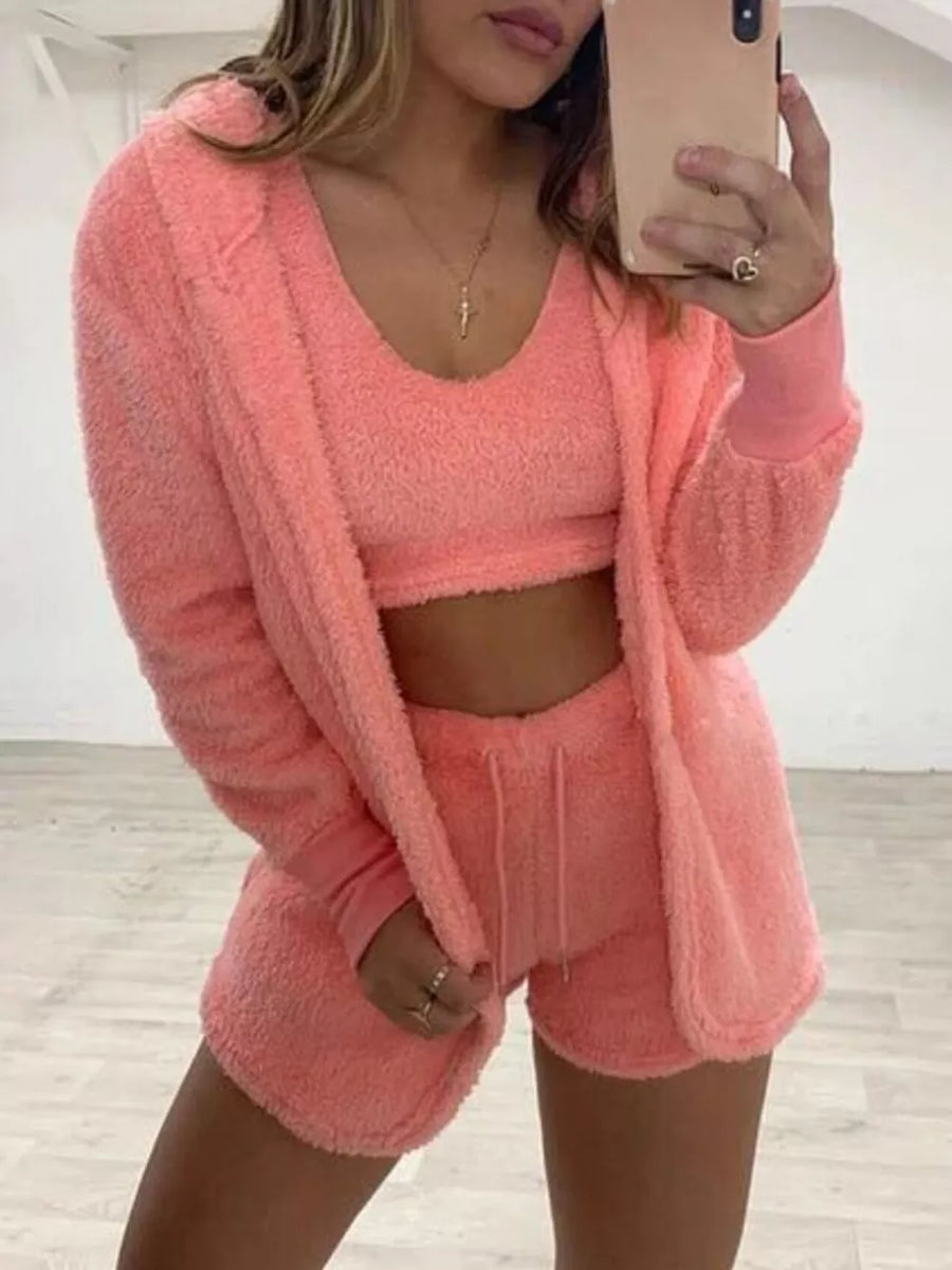 Mauve relaxed pajama set with scoop neck, hooded