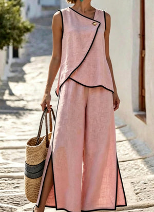 Earthy Yellow, Contrast Trim Top And Slit Pants Set in Earthy Yellow