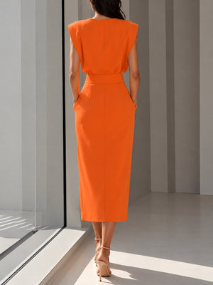 midi dress in Orange Red with side slit and midi