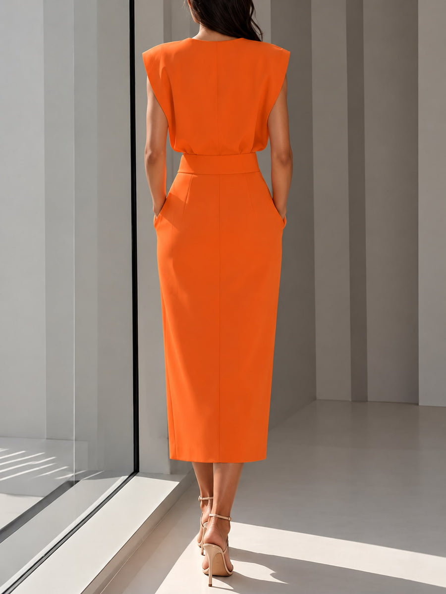 midi dress in Orange Red with side slit and midi