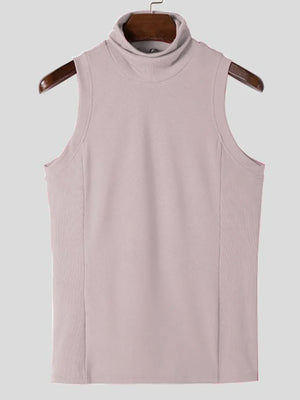 Sleeveless ribbed turtleneck shirt in blush pink with a high neckline.