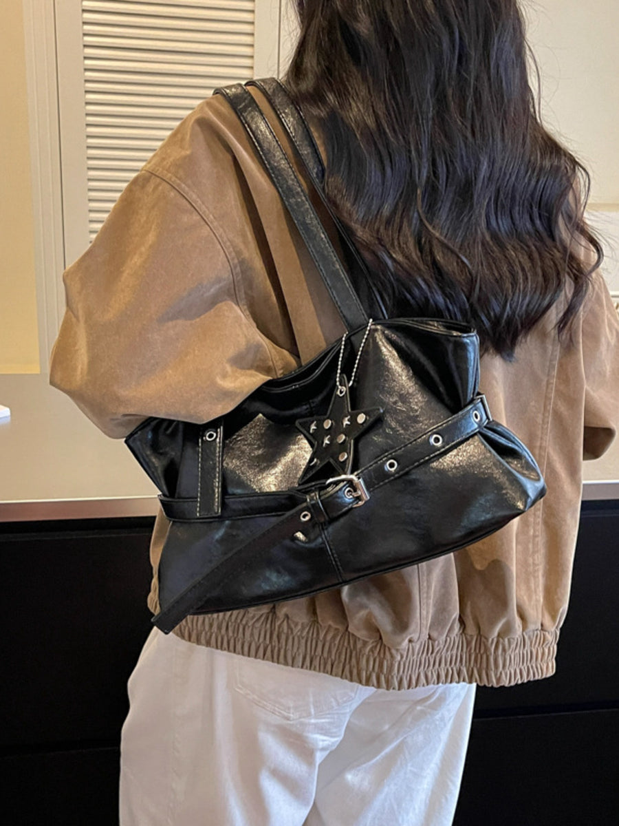 Star Charm Buckle Shoulder Bag in Beige with star charm