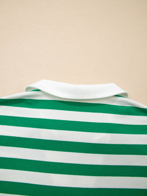 Green and white striped cotton polo shirt with a white collar.