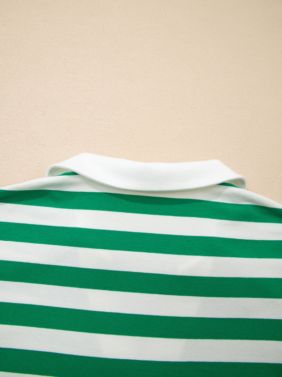 Green and white striped cotton polo shirt with a white collar.