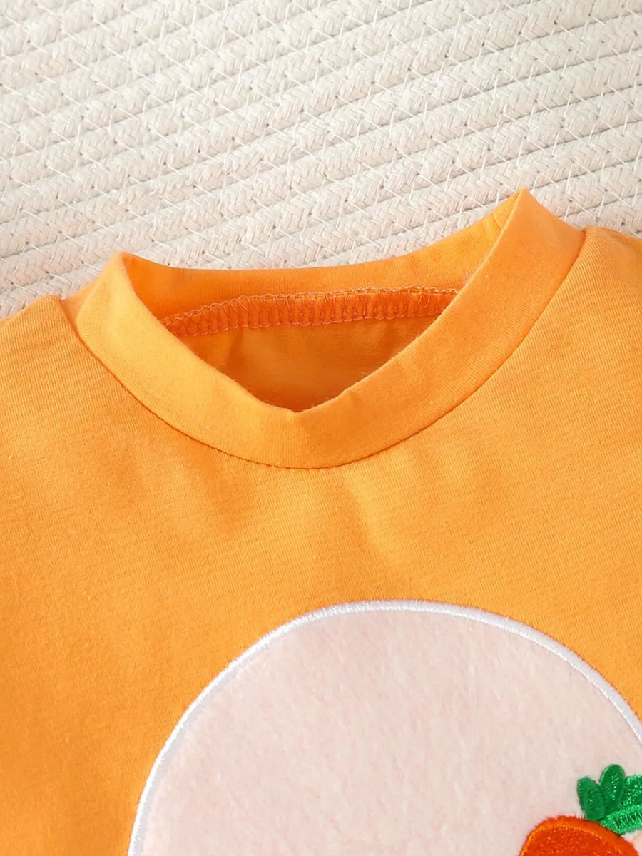 Orange with Children's Carrot Embroidered Round Neck One-piece & Hat Set
