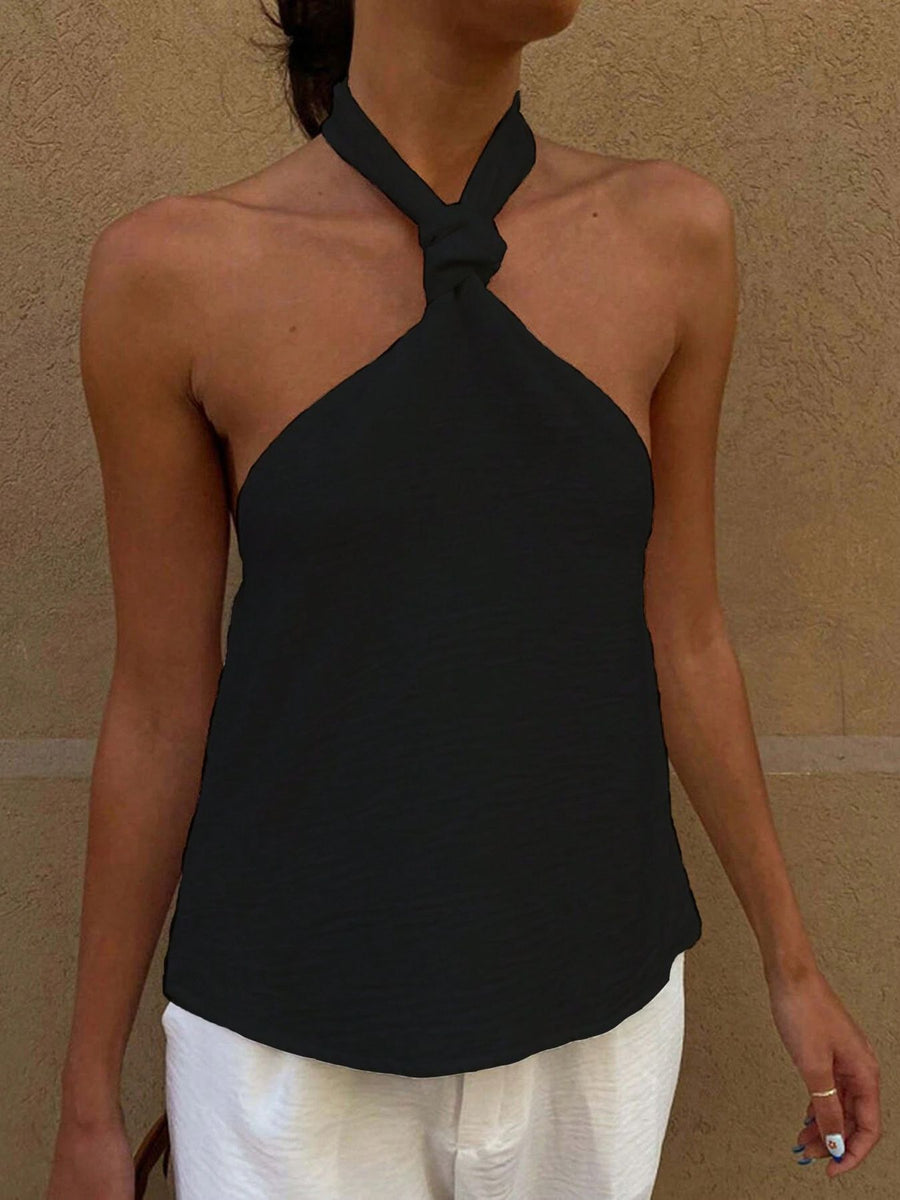 Black halter cami with twisted knot detail and backless design