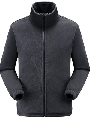 Grey fleece track jacket with full zip and stand-up collar.