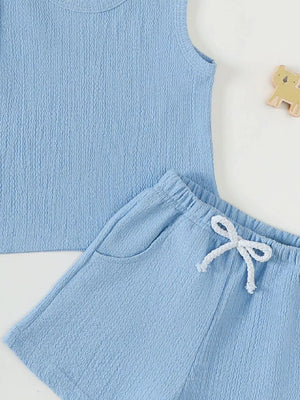 Blue ribbed baby tank top and shorts with drawstring and pockets