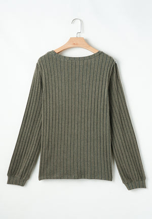 Ribbed knit long sleeve top in army green with a round neckline.
