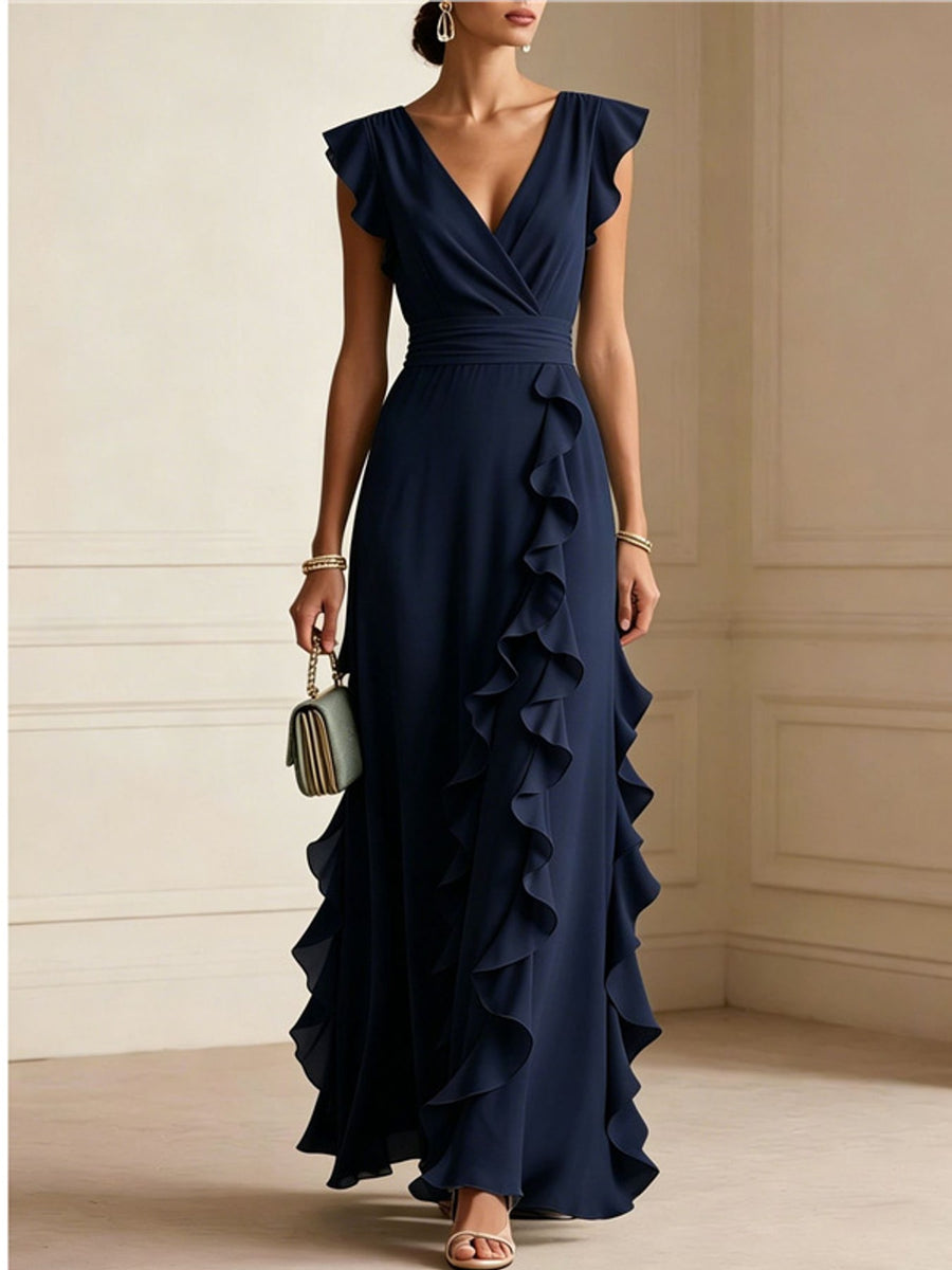 maxi dress in Sky Blue with deep v-neck and cap sleeve