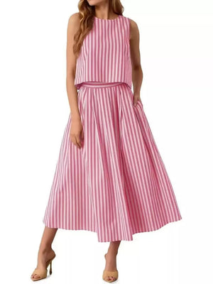 white two-piece set featuring sleeveless and striped