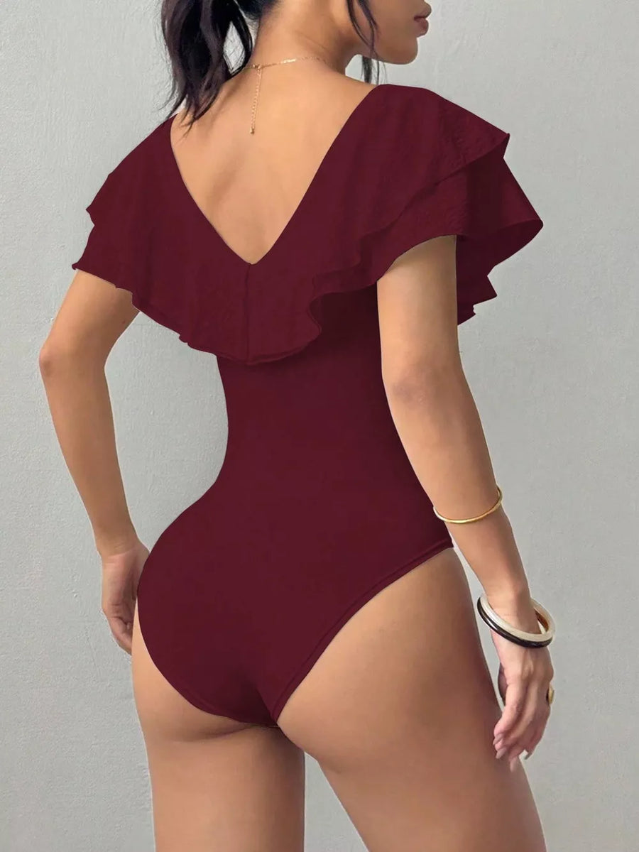 bodysuit in White with v-neck and cap sleeve