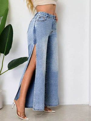 Blue with High-waisted Wide-leg Jeans With Side Slits